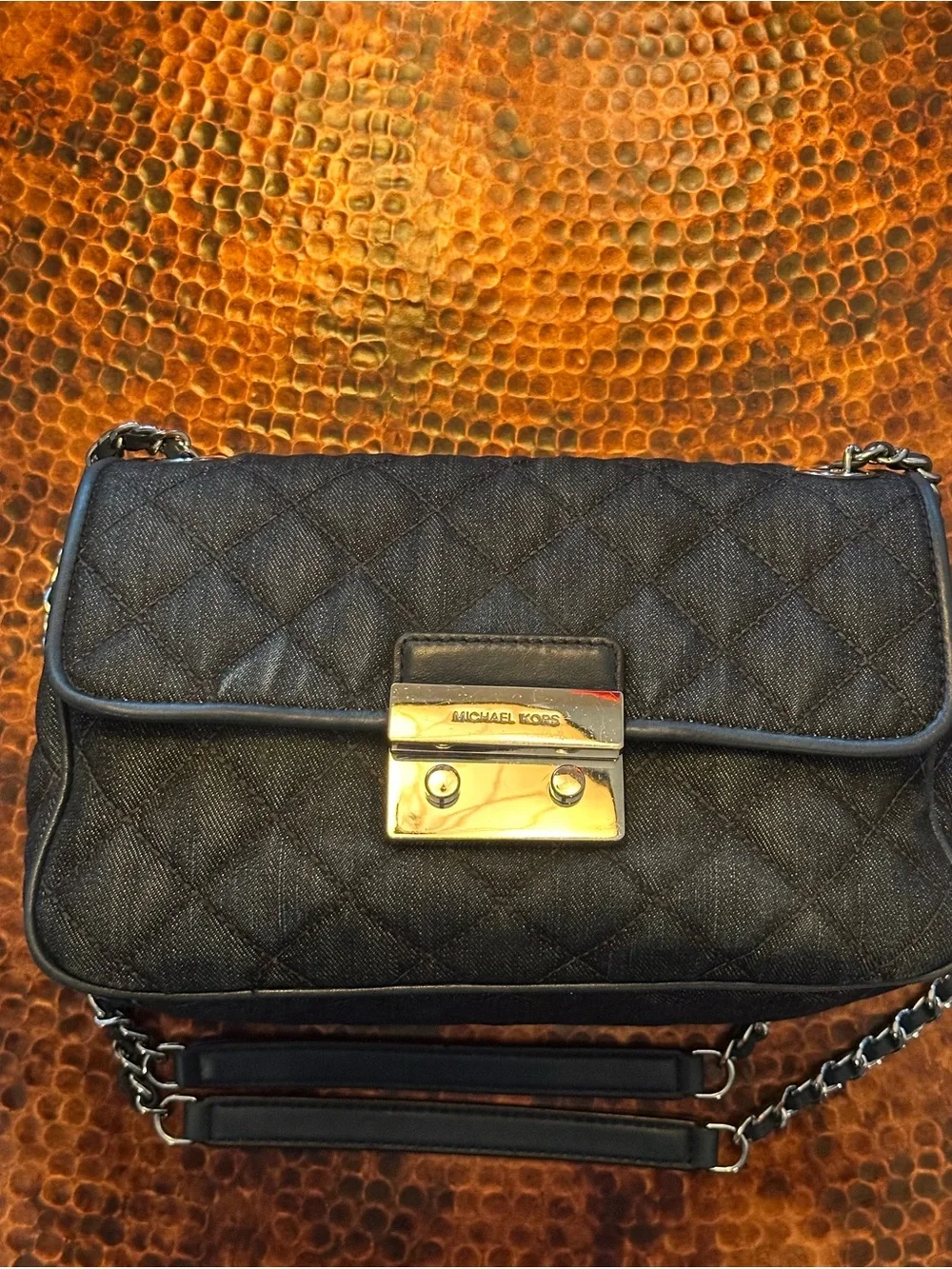 Michael Kors Sloan Large Quilted Denim Shoulder Bag with Silver Chain